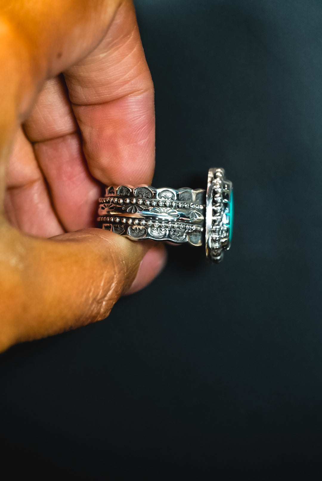 Size 8 | Heirloom Weight Handmade Sterling Silver Royston Turquoise Ring | Hand-Stamped Western Statement Ring