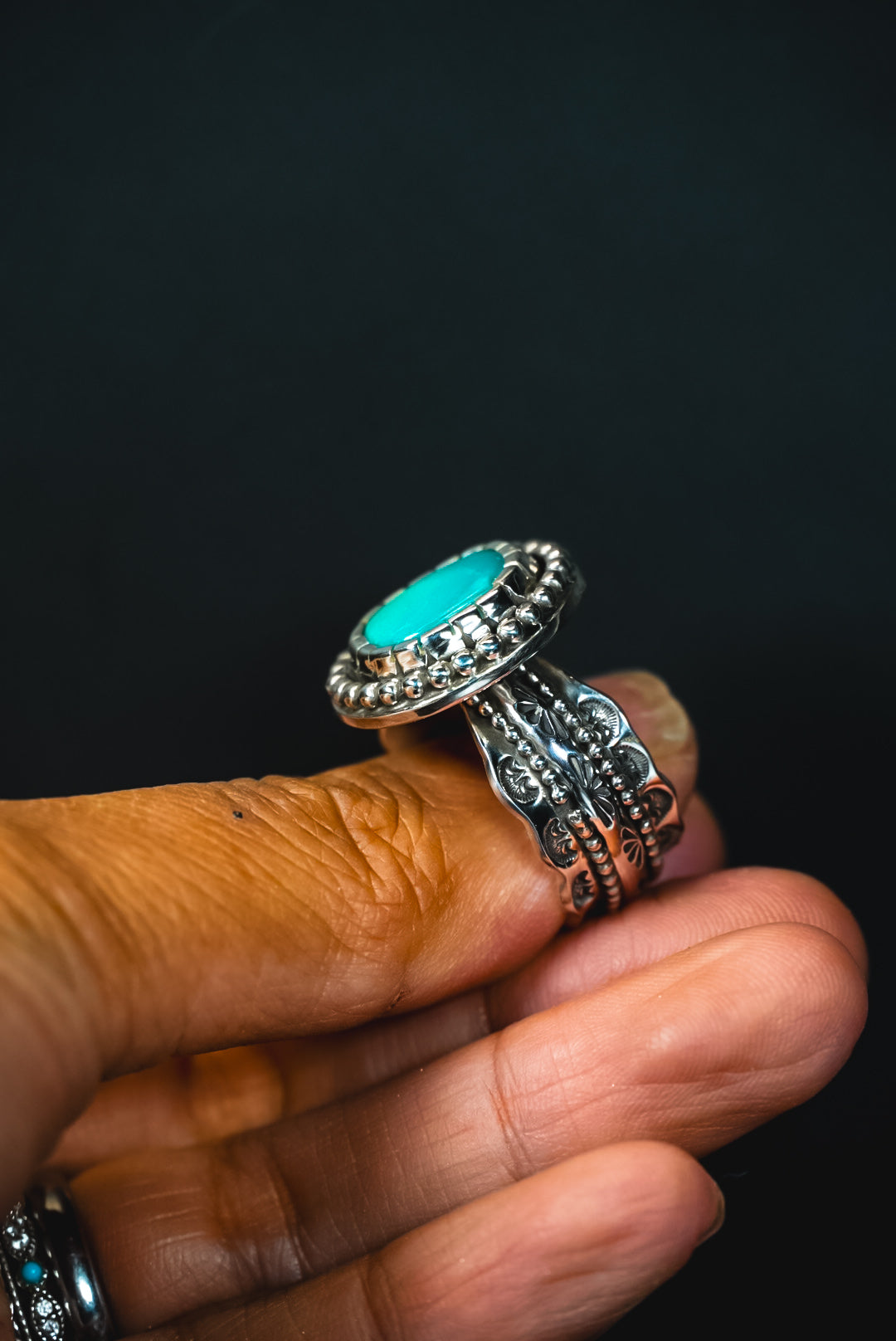 Size 8 | Heirloom Weight Handmade Sterling Silver Royston Turquoise Ring | Hand-Stamped Western Statement Ring