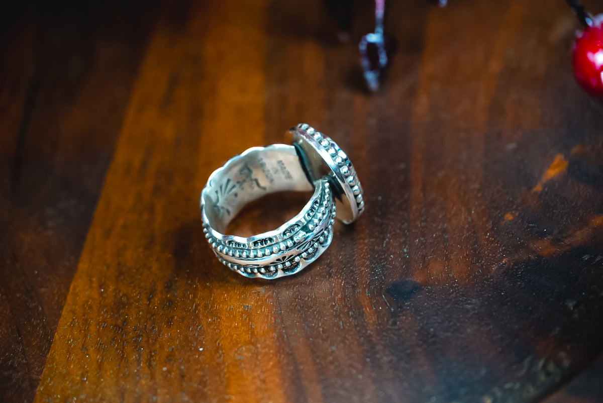 Size 8 | Heirloom Weight Handmade Sterling Silver Royston Turquoise Ring | Hand-Stamped Western Statement Ring
