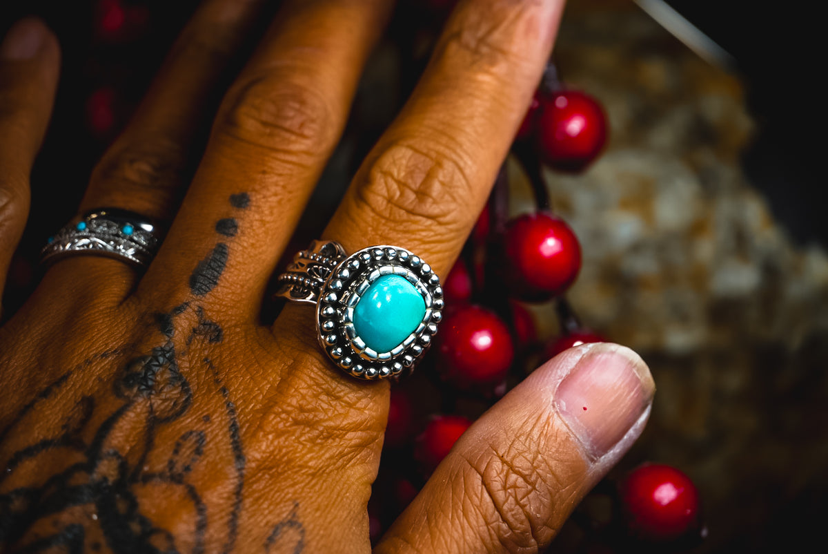 Size 8 | Heirloom Weight Handmade Sterling Silver Royston Turquoise Ring | Hand-Stamped Western Statement Ring