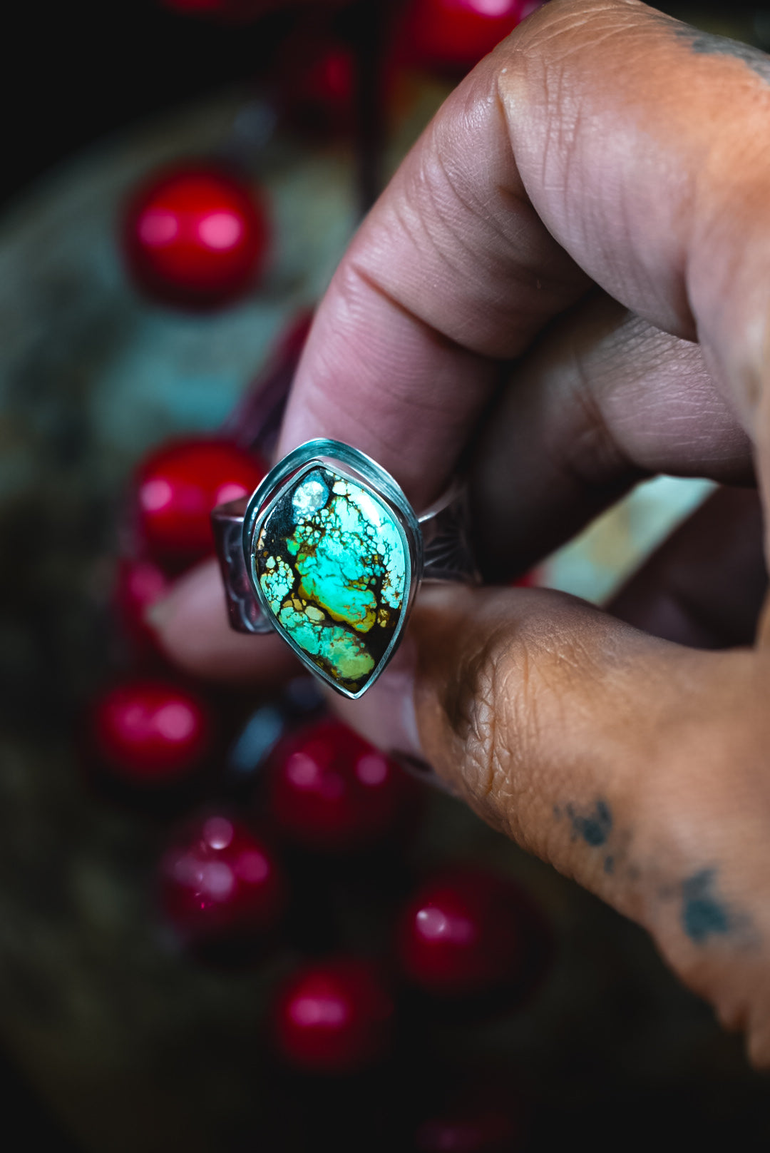 Size 6.75 | Heirloom Weight Handmade Sterling Silver Moon River Turquoise Ring | Hand-Stamped Western Statement Ring