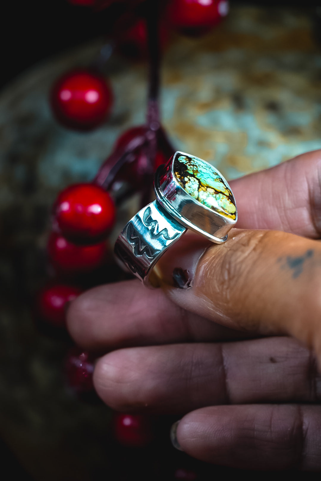 Size 6.75 | Heirloom Weight Handmade Sterling Silver Moon River Turquoise Ring | Hand-Stamped Western Statement Ring