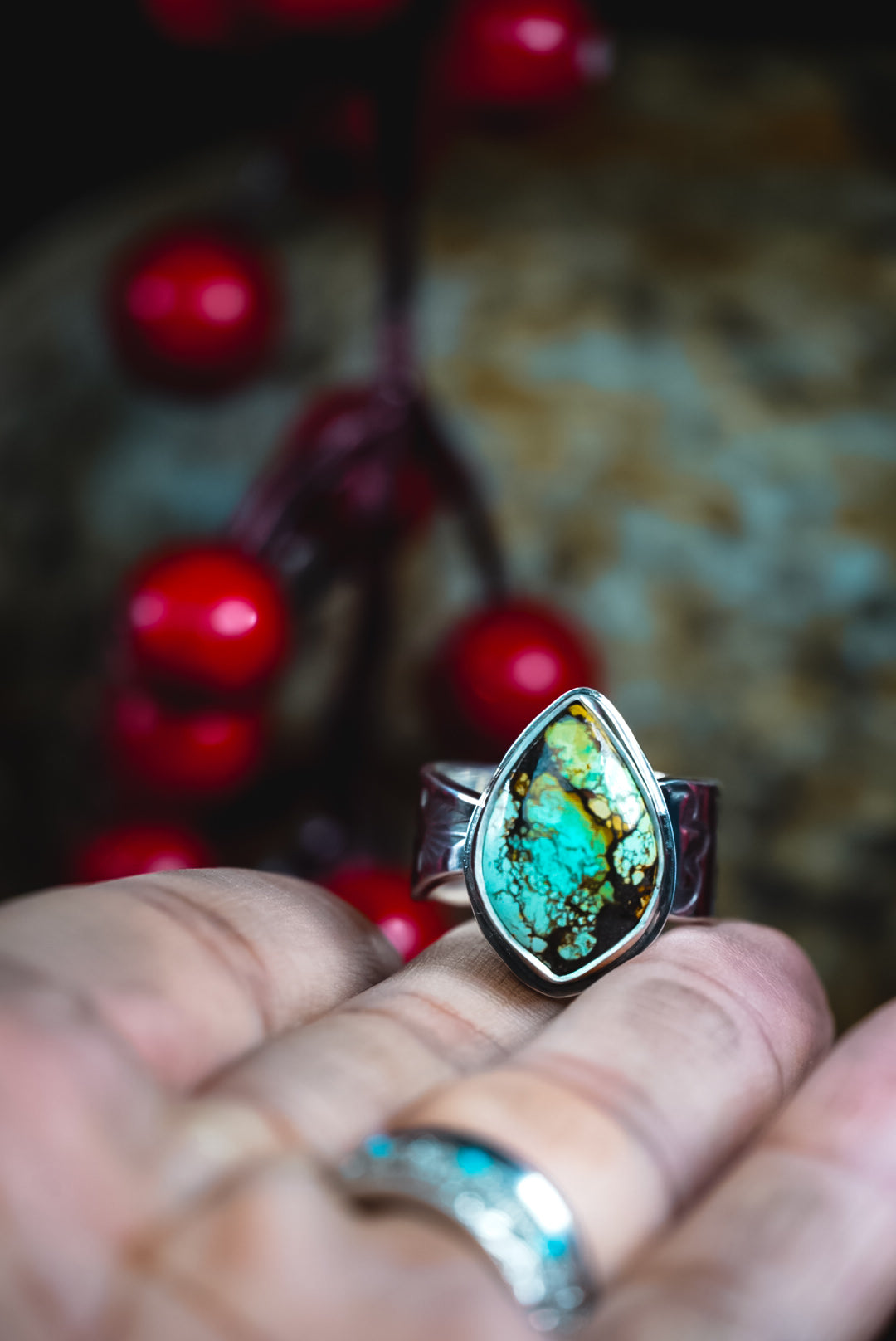 Size 6.75 | Heirloom Weight Handmade Sterling Silver Moon River Turquoise Ring | Hand-Stamped Western Statement Ring