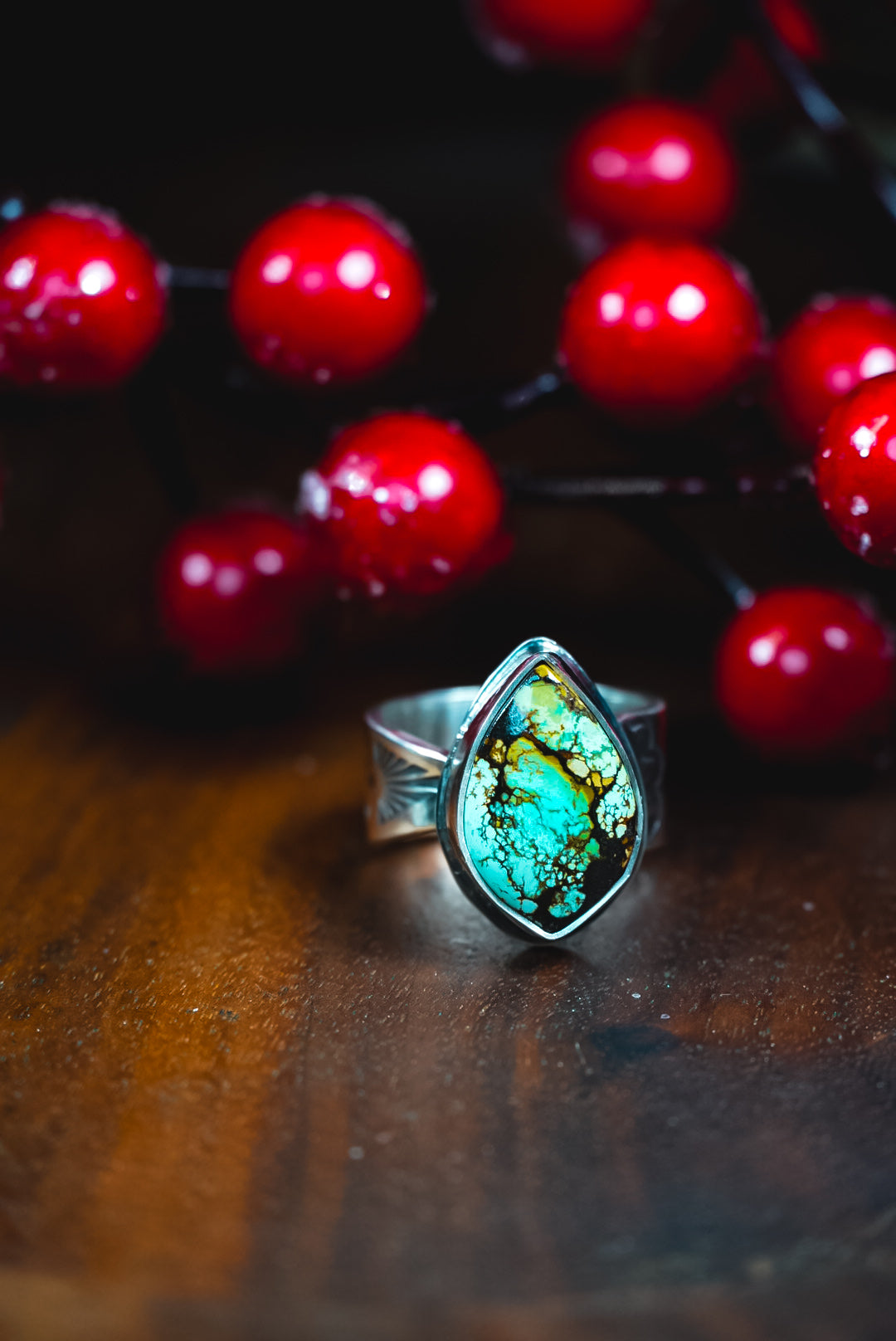 Size 6.75 | Heirloom Weight Handmade Sterling Silver Moon River Turquoise Ring | Hand-Stamped Western Statement Ring