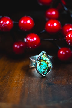 Size 6.75 | Heirloom Weight Handmade Sterling Silver Moon River Turquoise Ring | Hand-Stamped Western Statement Ring