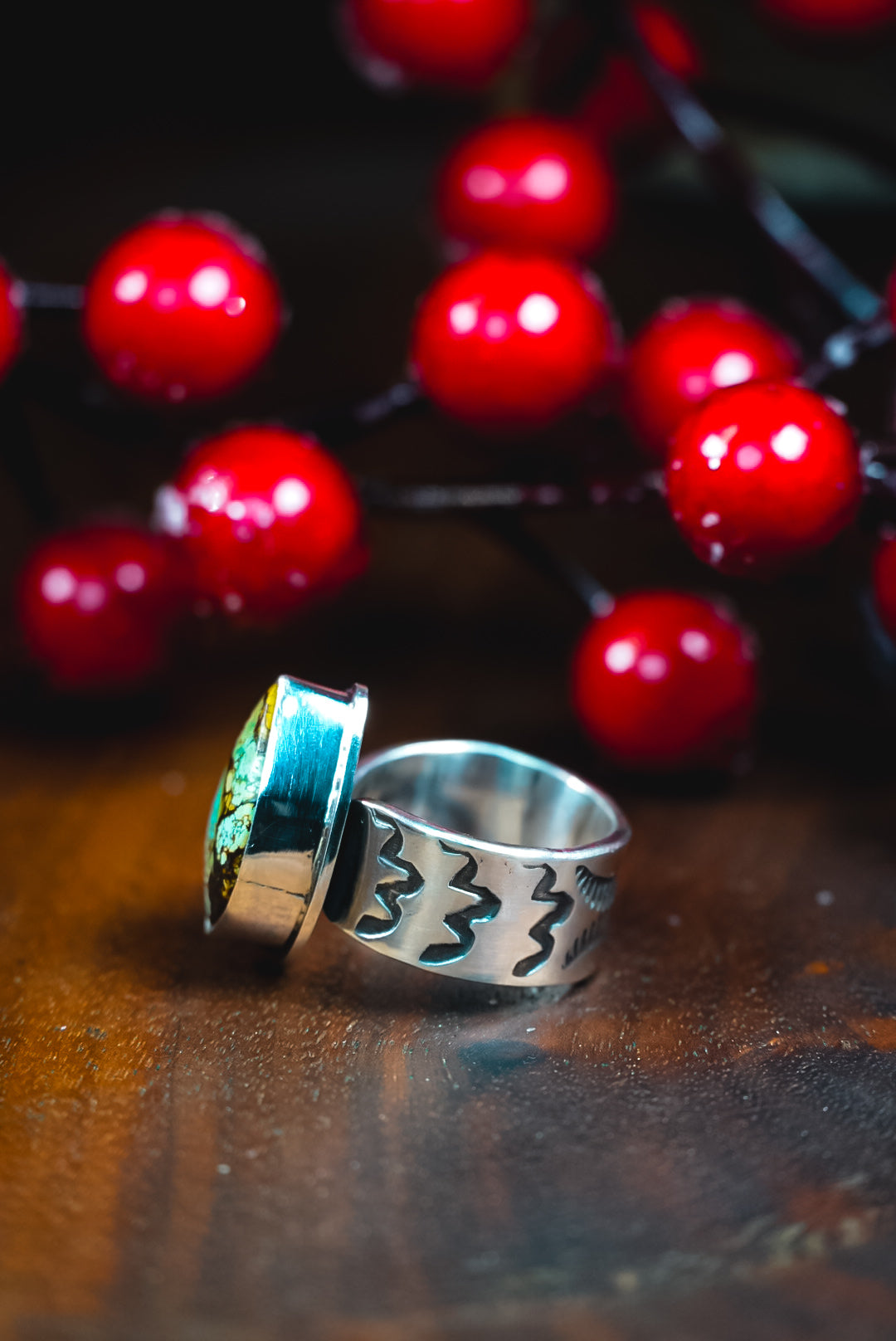Size 6.75 | Heirloom Weight Handmade Sterling Silver Moon River Turquoise Ring | Hand-Stamped Western Statement Ring