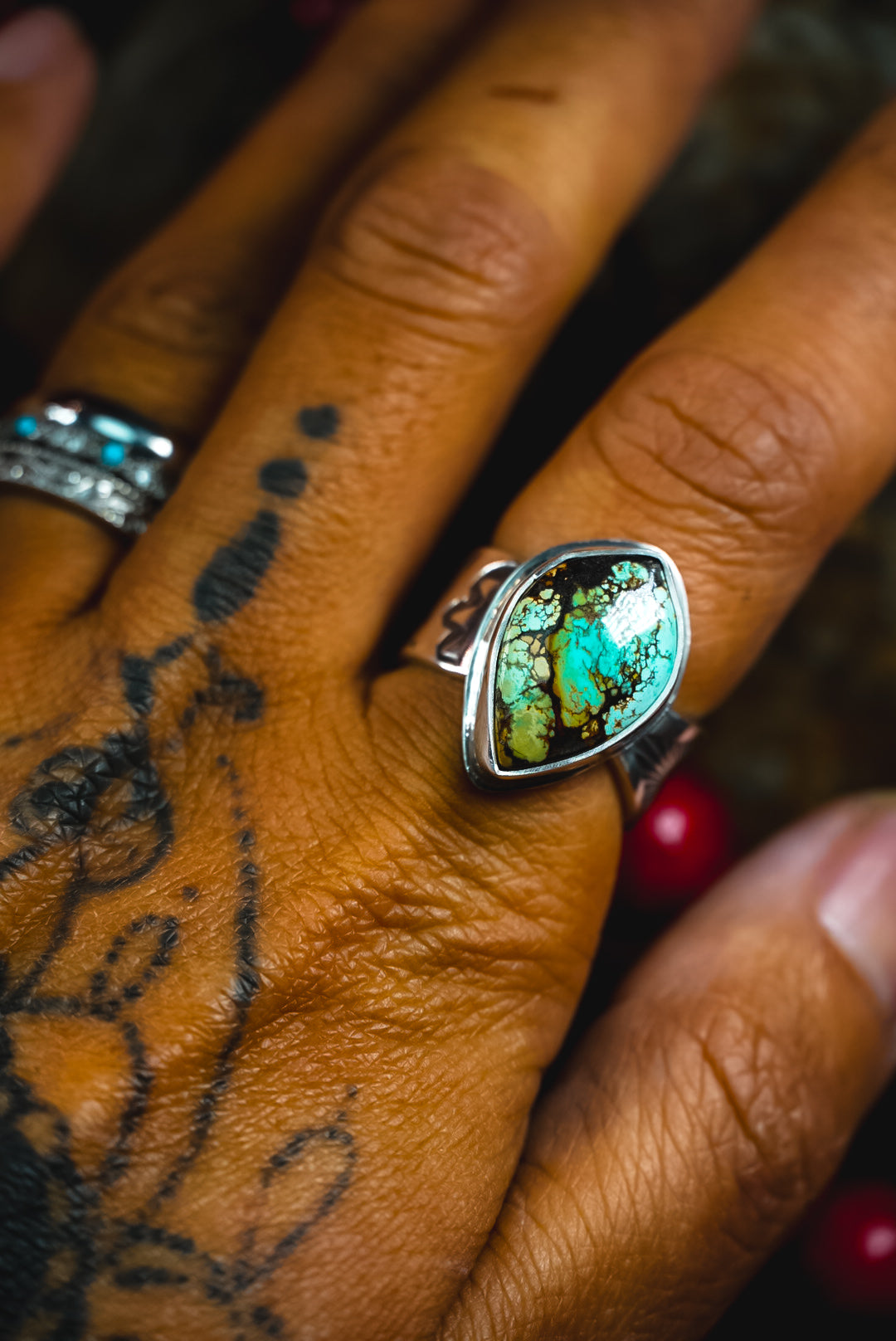 Size 6.75 | Heirloom Weight Handmade Sterling Silver Moon River Turquoise Ring | Hand-Stamped Western Statement Ring