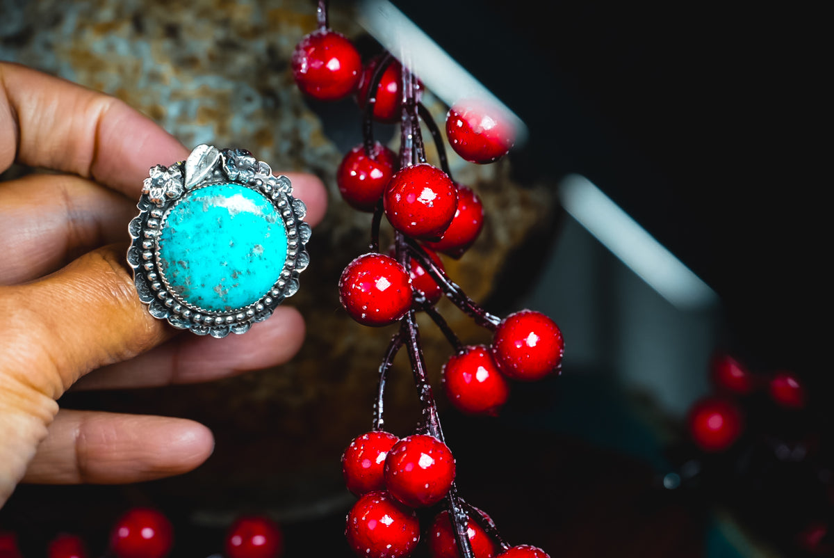 Size Adjustable | Everyday Weight Handmade Sterling Silver Kingman Turquoise Ring | Hand-Stamped Western Statement Ring
