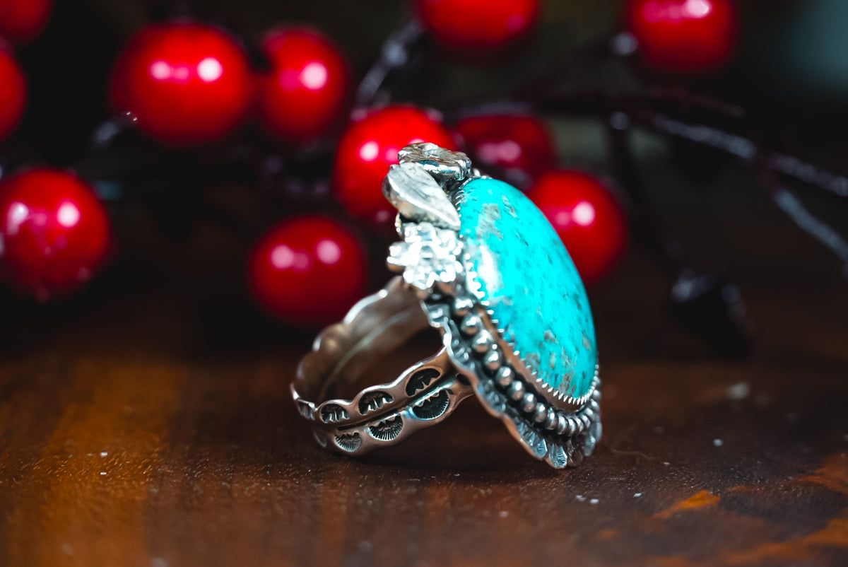 Size Adjustable | Everyday Weight Handmade Sterling Silver Kingman Turquoise Ring | Hand-Stamped Western Statement Ring