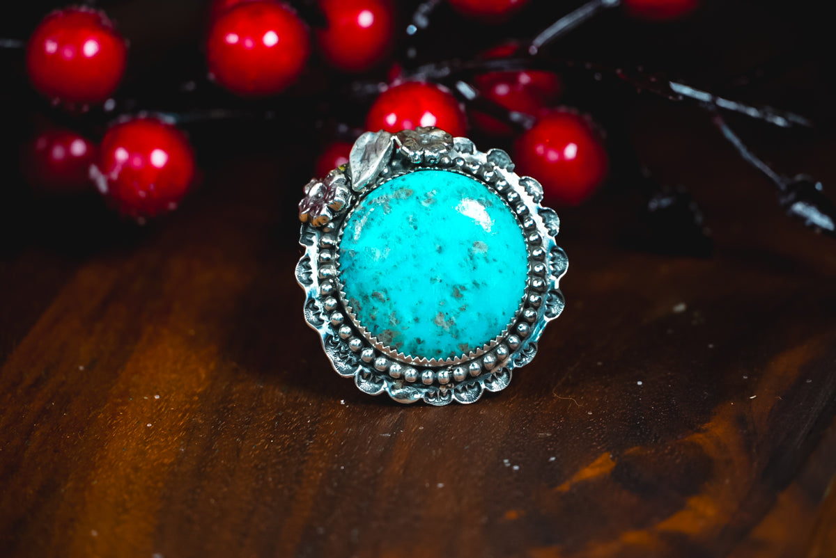 Size Adjustable | Everyday Weight Handmade Sterling Silver Kingman Turquoise Ring | Hand-Stamped Western Statement Ring