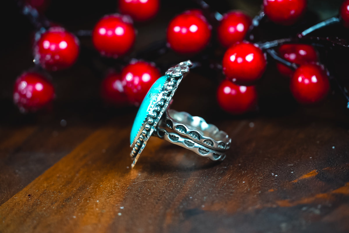 Size Adjustable | Everyday Weight Handmade Sterling Silver Kingman Turquoise Ring | Hand-Stamped Western Statement Ring
