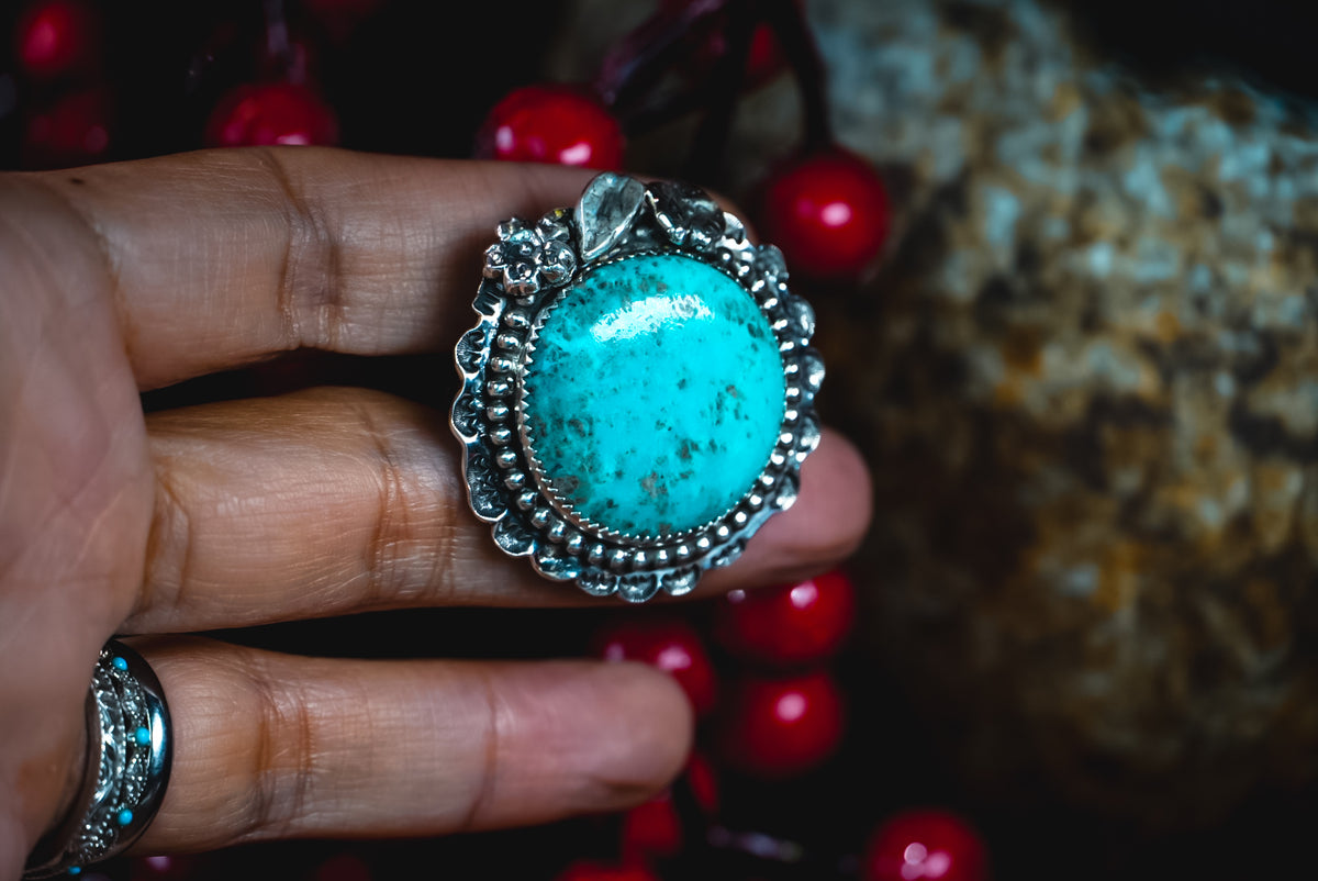 Size Adjustable | Everyday Weight Handmade Sterling Silver Kingman Turquoise Ring | Hand-Stamped Western Statement Ring