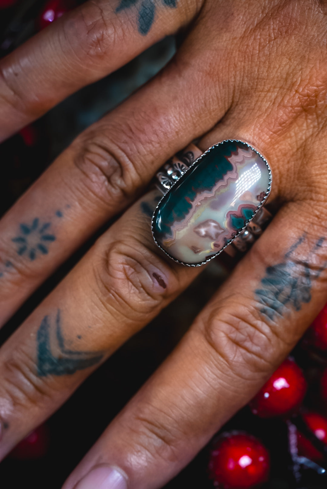 Size 8.5 | Heirloom Weight Handmade Sterling Silver Idaho Sunset Jasper Ring | Hand-Stamped Western Statement Ring