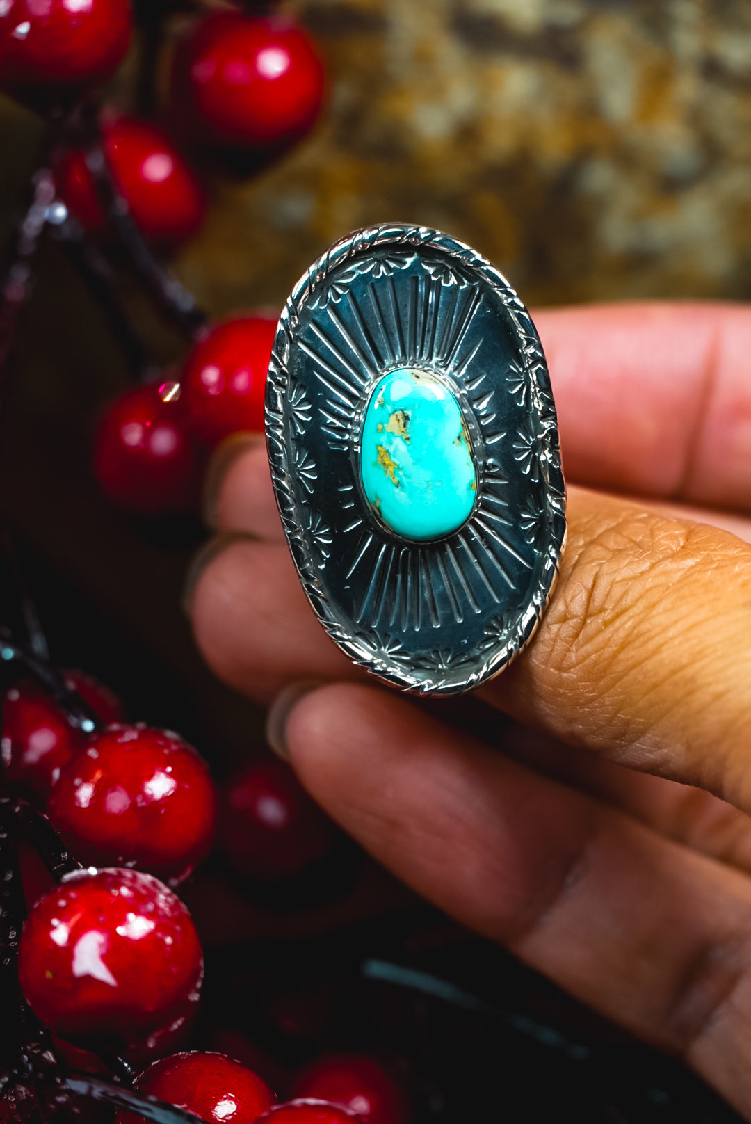 Size 7.5 | Everyday Weight Handmade Sterling Silver Royston Turquoise Ring | Hand-Stamped Western Statement Ring