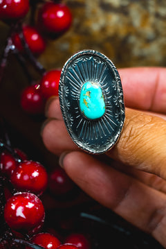 Size 7.5 | Everyday Weight Handmade Sterling Silver Royston Turquoise Ring | Hand-Stamped Western Statement Ring