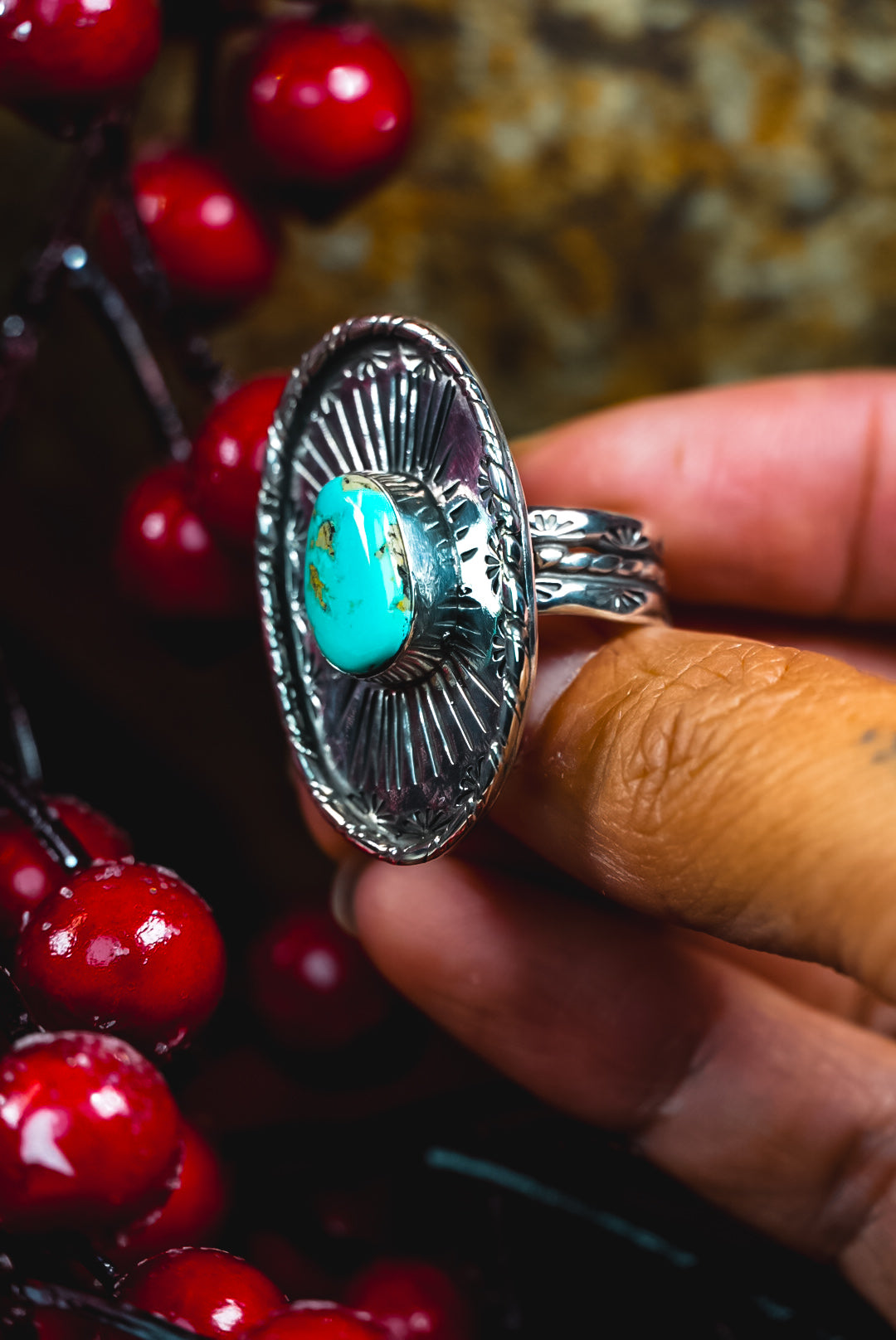 Size 7.5 | Everyday Weight Handmade Sterling Silver Royston Turquoise Ring | Hand-Stamped Western Statement Ring
