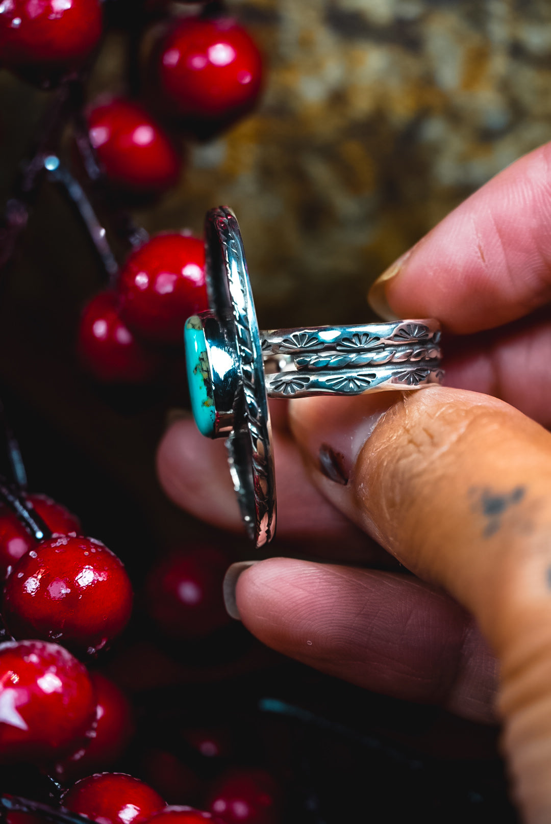 Size 7.5 | Everyday Weight Handmade Sterling Silver Royston Turquoise Ring | Hand-Stamped Western Statement Ring
