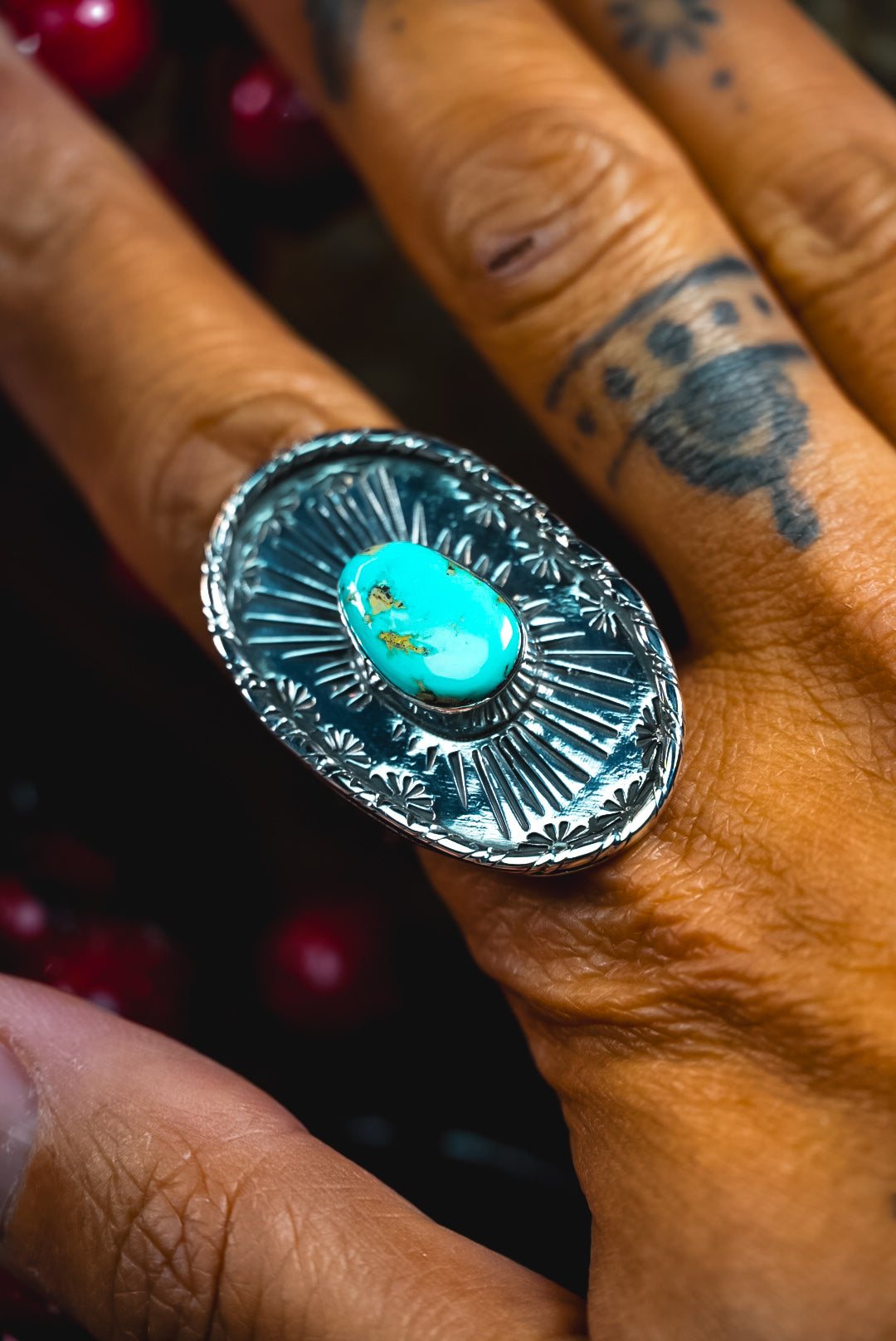 Size 7.5 | Everyday Weight Handmade Sterling Silver Royston Turquoise Ring | Hand-Stamped Western Statement Ring