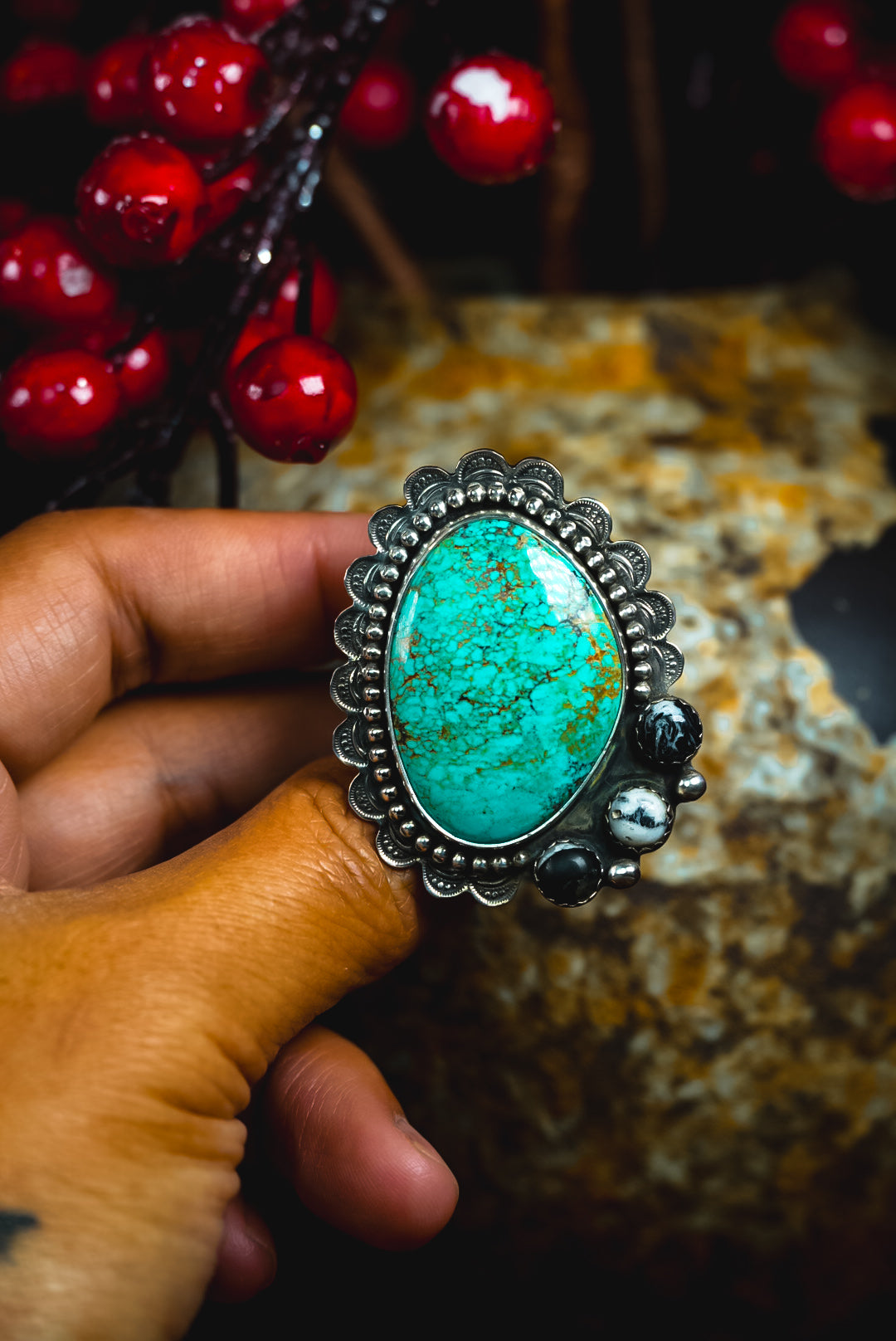 Size 8.25 | Heirloom Weight Handmade Sterling Silver Baja Turquoise & White Buffalo Stone Ring | Hand-Stamped Western Statement Ring