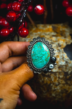 Size 8.25 | Heirloom Weight Handmade Sterling Silver Baja Turquoise & White Buffalo Stone Ring | Hand-Stamped Western Statement Ring