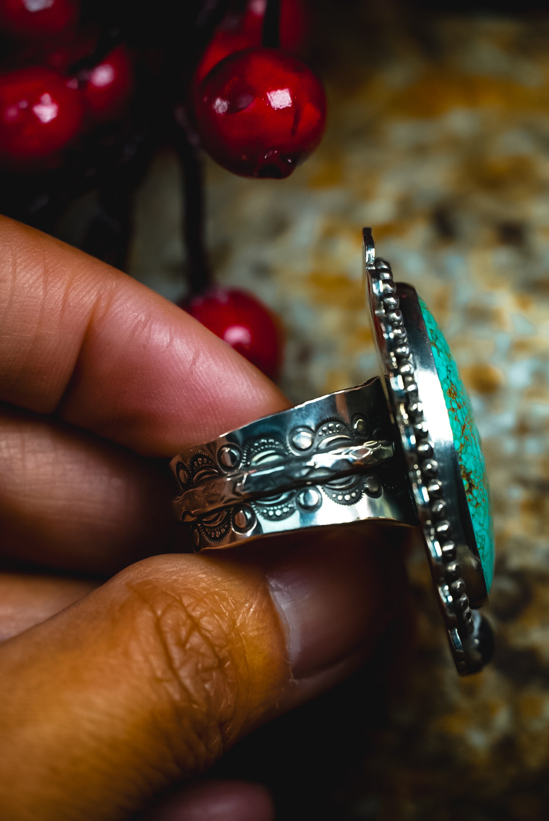 Size 8.25 | Heirloom Weight Handmade Sterling Silver Baja Turquoise & White Buffalo Stone Ring | Hand-Stamped Western Statement Ring