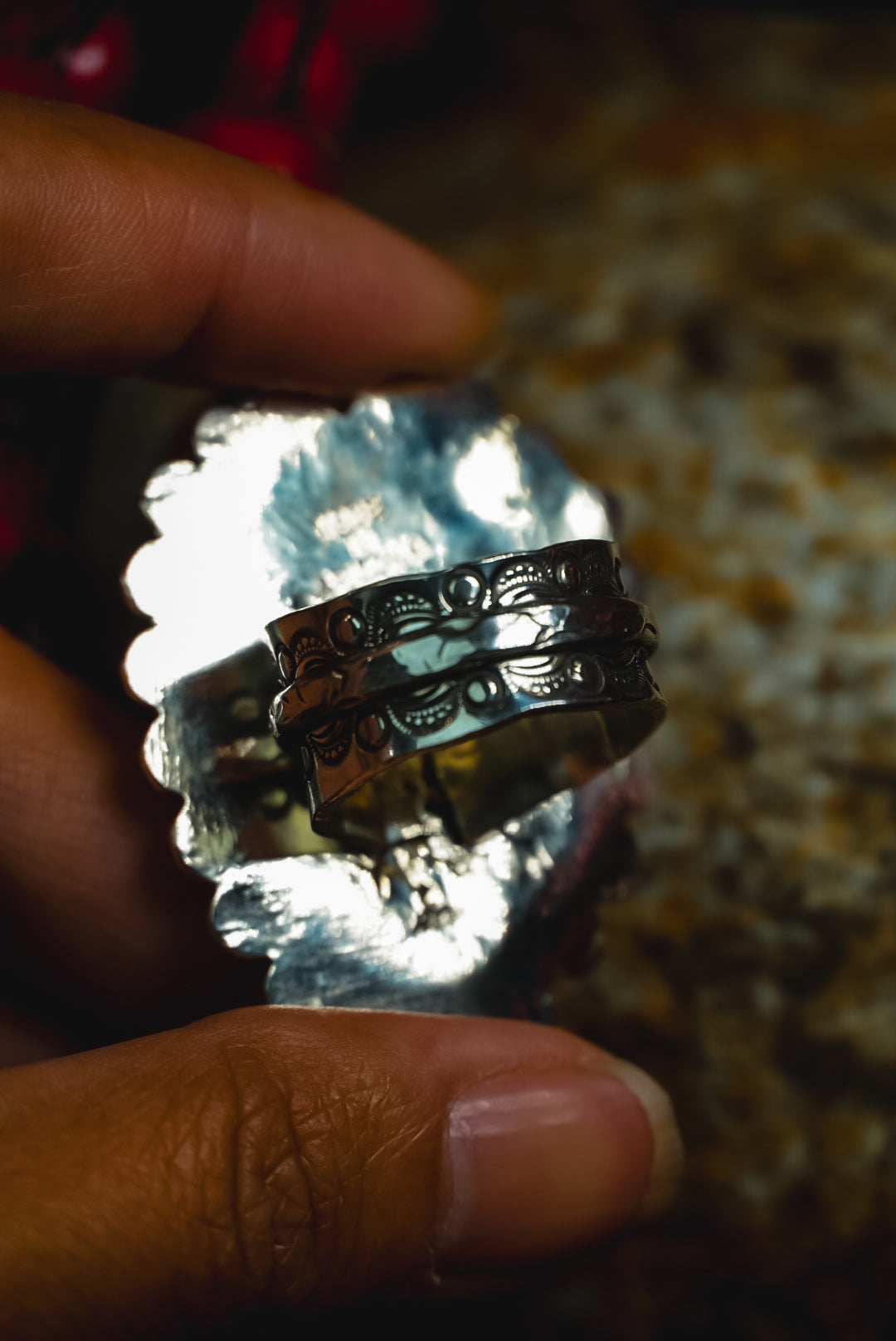 Size 8.25 | Heirloom Weight Handmade Sterling Silver Baja Turquoise & White Buffalo Stone Ring | Hand-Stamped Western Statement Ring
