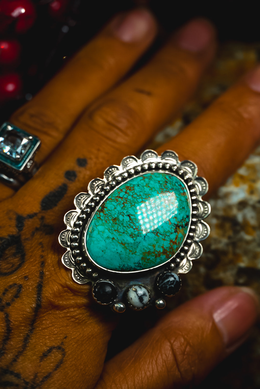 Size 8.25 | Heirloom Weight Handmade Sterling Silver Baja Turquoise & White Buffalo Stone Ring | Hand-Stamped Western Statement Ring