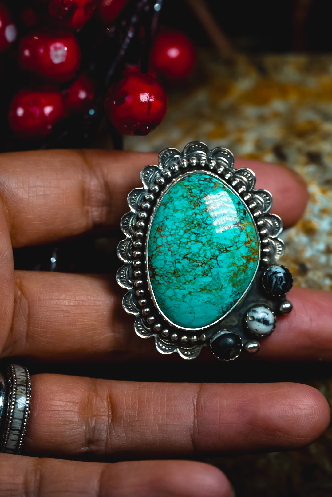 Size 8.25 | Heirloom Weight Handmade Sterling Silver Baja Turquoise & White Buffalo Stone Ring | Hand-Stamped Western Statement Ring