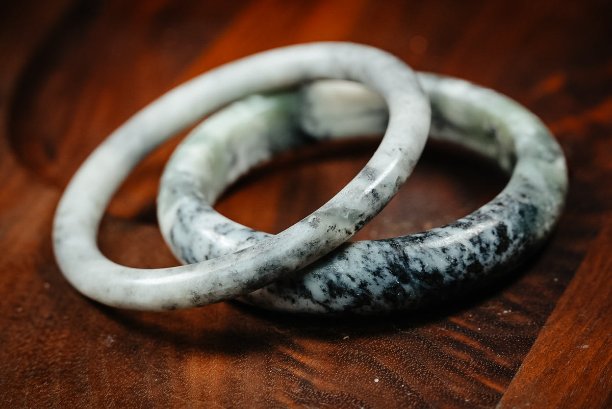 Personal "Destash" Collection | White, Green & Black Stone Bangles | Set of 2 | Jade Unverified