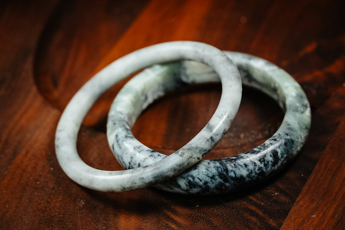 Personal "Destash" Collection | White, Green & Black Stone Bangles | Set of 2 | Jade Unverified