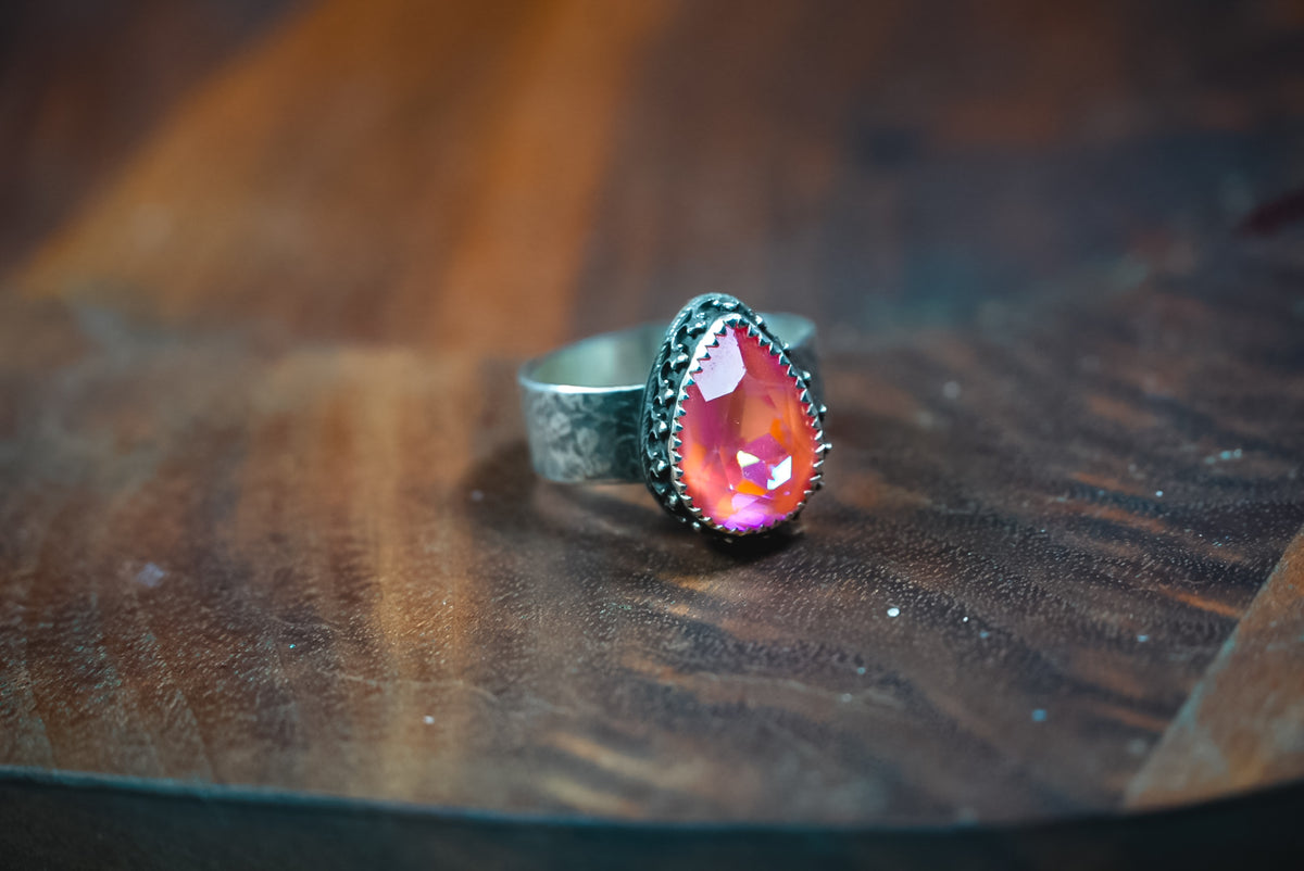 Size 7.5 | Personal "Destash" Collection | Sterling Silver Coral AB Crystal Ring | Western Statement Ring