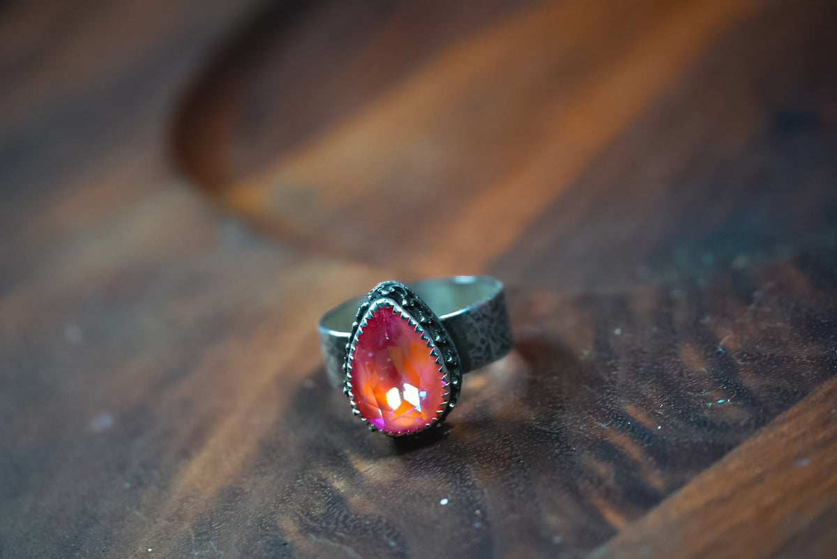 Size 7.5 | Personal "Destash" Collection | Sterling Silver Coral AB Crystal Ring | Western Statement Ring