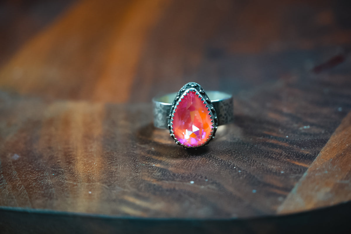 Size 7.5 | Personal "Destash" Collection | Sterling Silver Coral AB Crystal Ring | Western Statement Ring