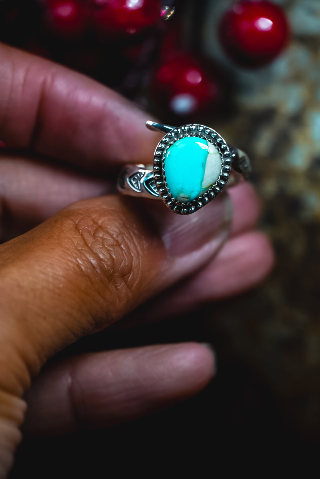 Size 7.5 | Heirloom Weight Handmade Sterling Silver Ribbon Royston Turquoise Ring | Hand-Stamped Western Daily Ring