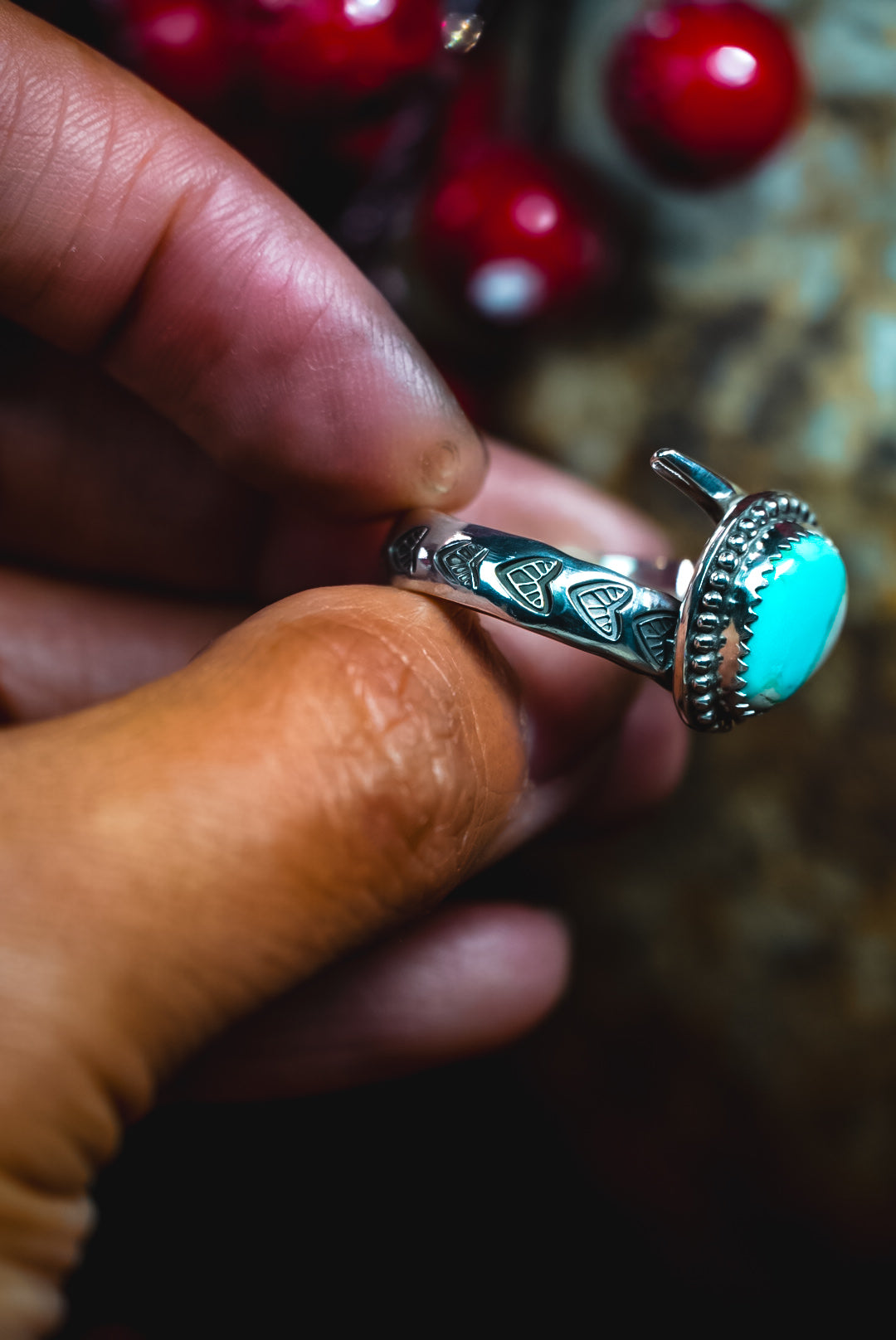 Size 7.5 | Heirloom Weight Handmade Sterling Silver Ribbon Royston Turquoise Ring | Hand-Stamped Western Daily Ring