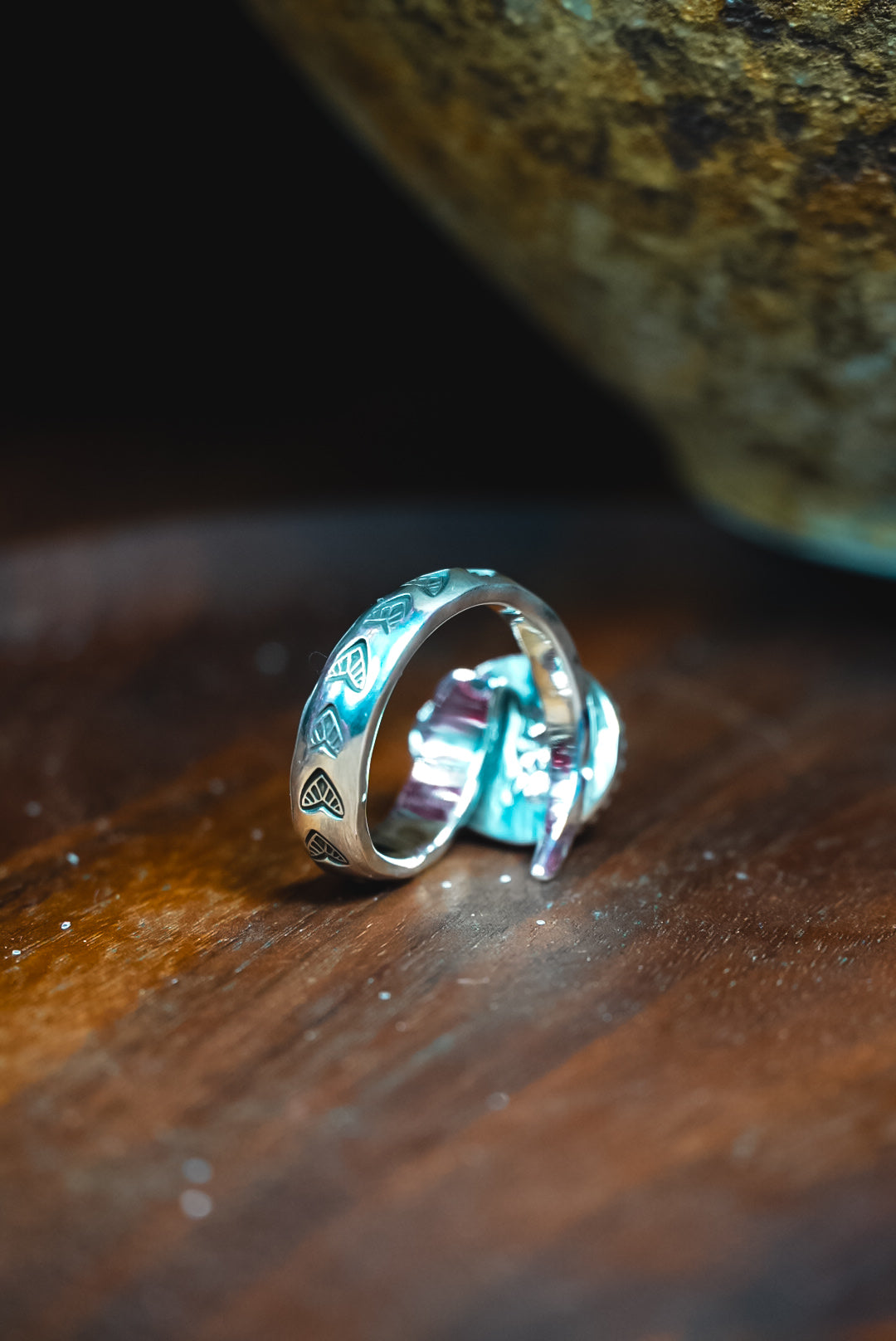 Size 7.5 | Heirloom Weight Handmade Sterling Silver Ribbon Royston Turquoise Ring | Hand-Stamped Western Daily Ring