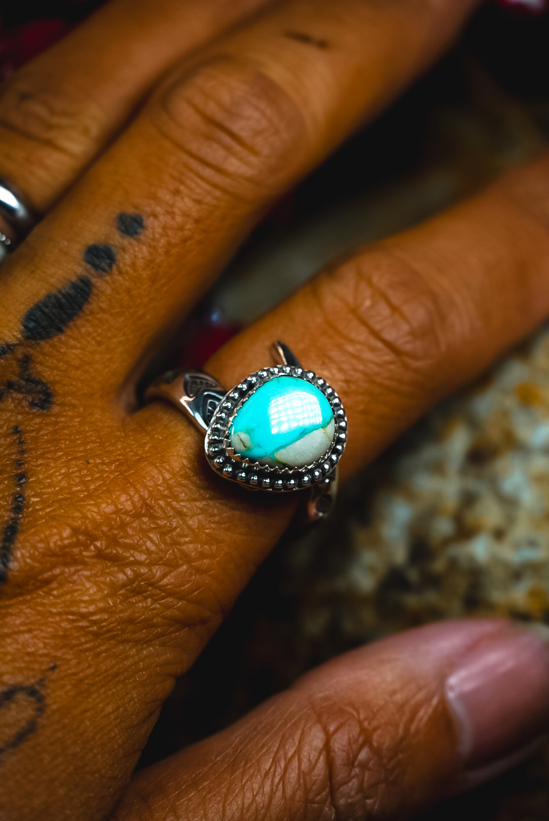 Size 7.5 | Heirloom Weight Handmade Sterling Silver Ribbon Royston Turquoise Ring | Hand-Stamped Western Daily Ring