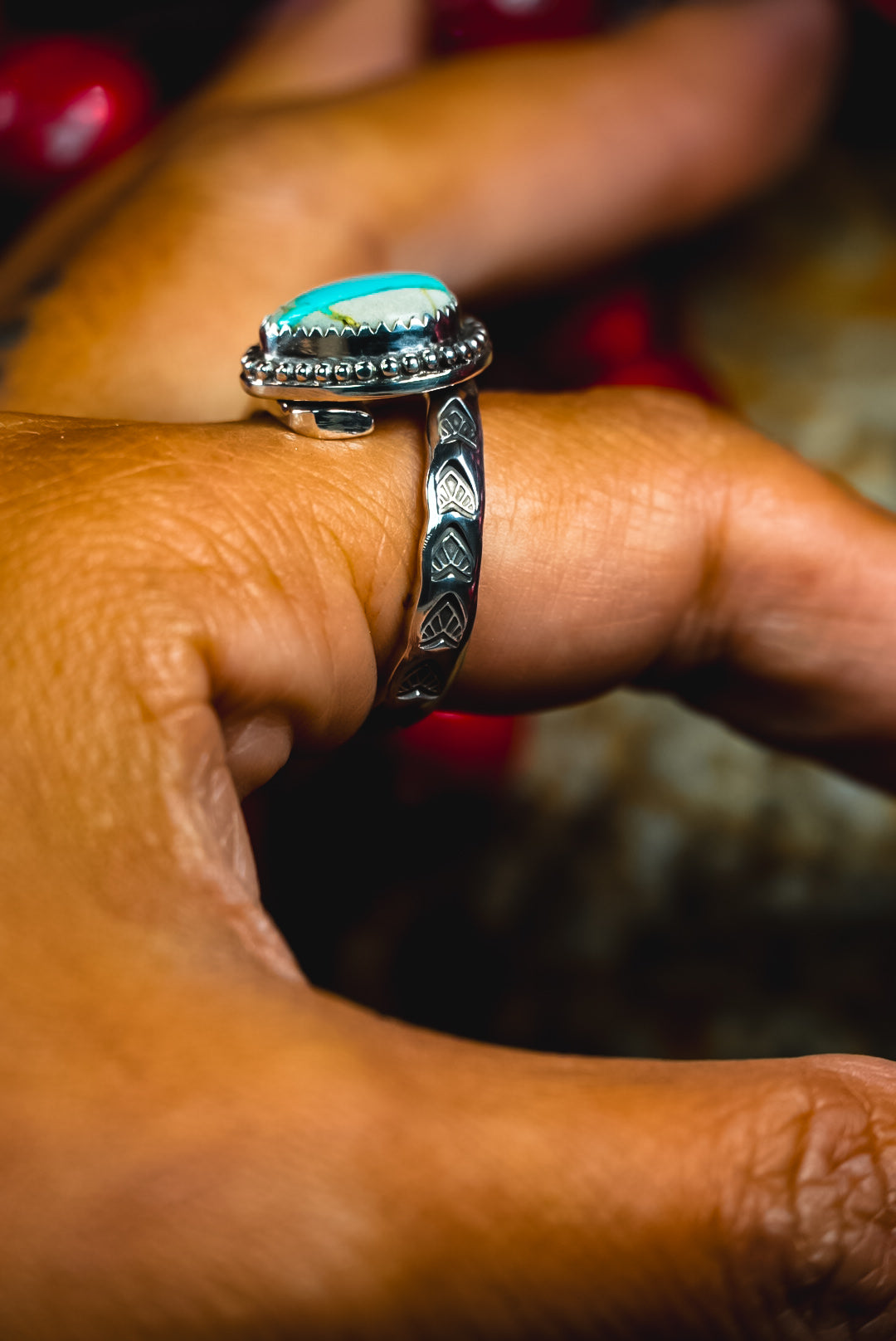 Size 7.5 | Heirloom Weight Handmade Sterling Silver Ribbon Royston Turquoise Ring | Hand-Stamped Western Daily Ring