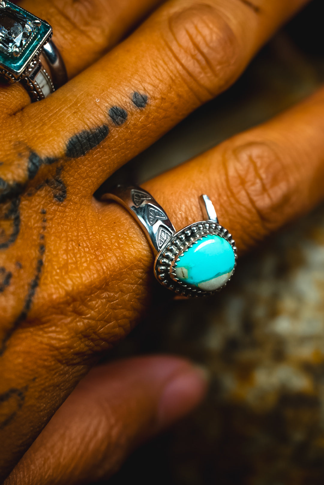 Size 7.5 | Heirloom Weight Handmade Sterling Silver Ribbon Royston Turquoise Ring | Hand-Stamped Western Daily Ring