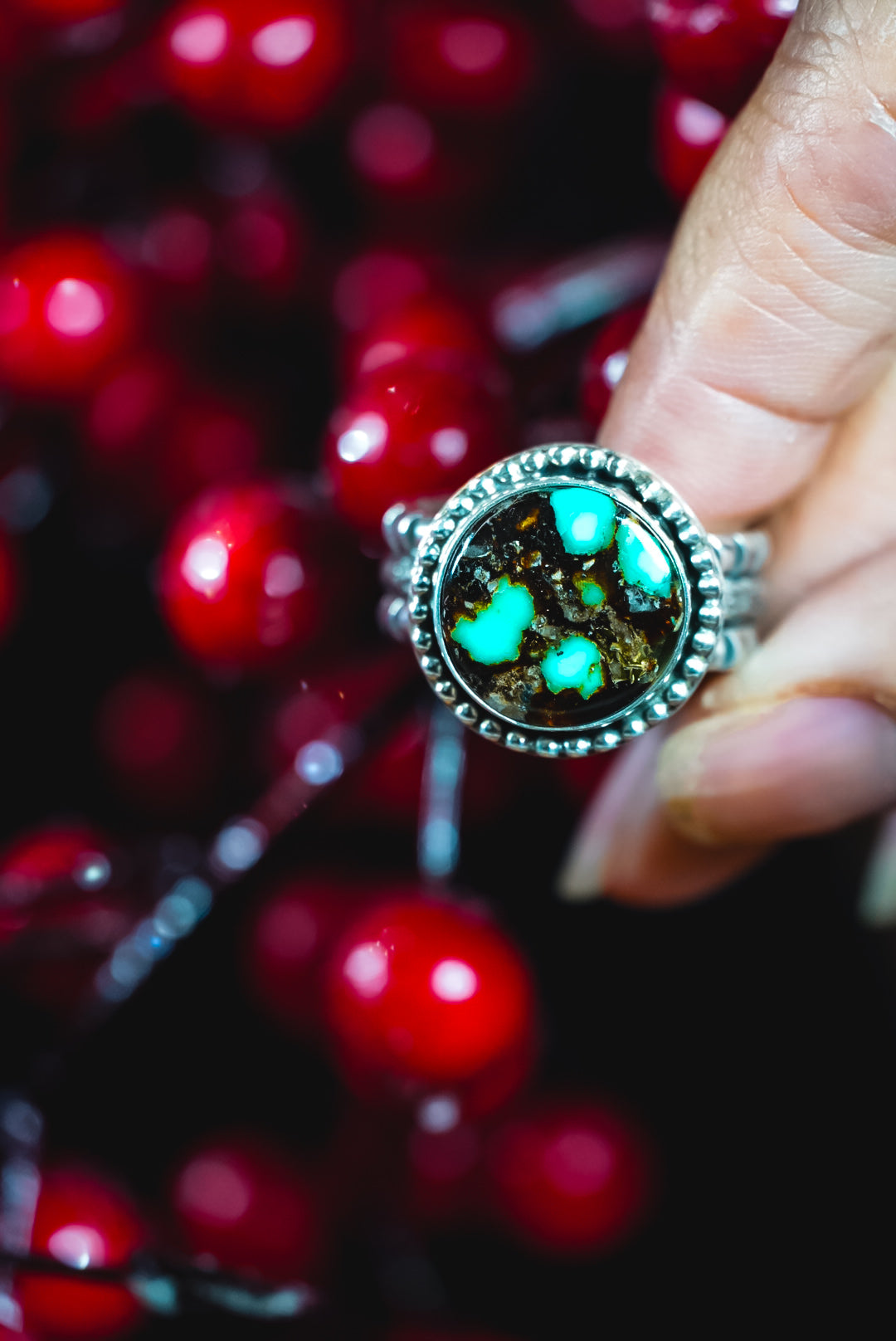 Size 8.5 | Heirloom Weight Handmade Sterling Silver Composite Turquoise Ring | Hand-Stamped Western Statement Ring