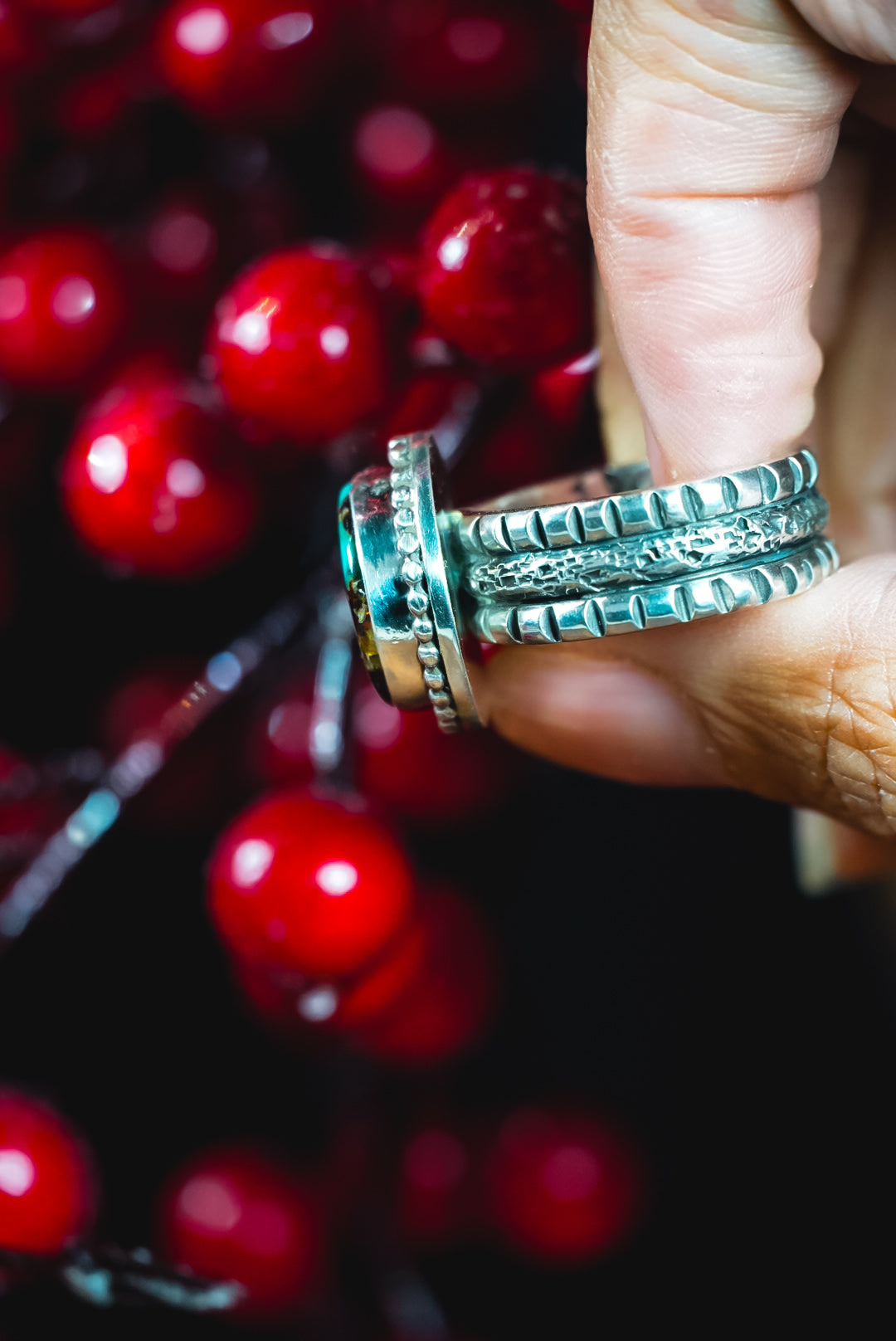 Size 8.5 | Heirloom Weight Handmade Sterling Silver Composite Turquoise Ring | Hand-Stamped Western Statement Ring
