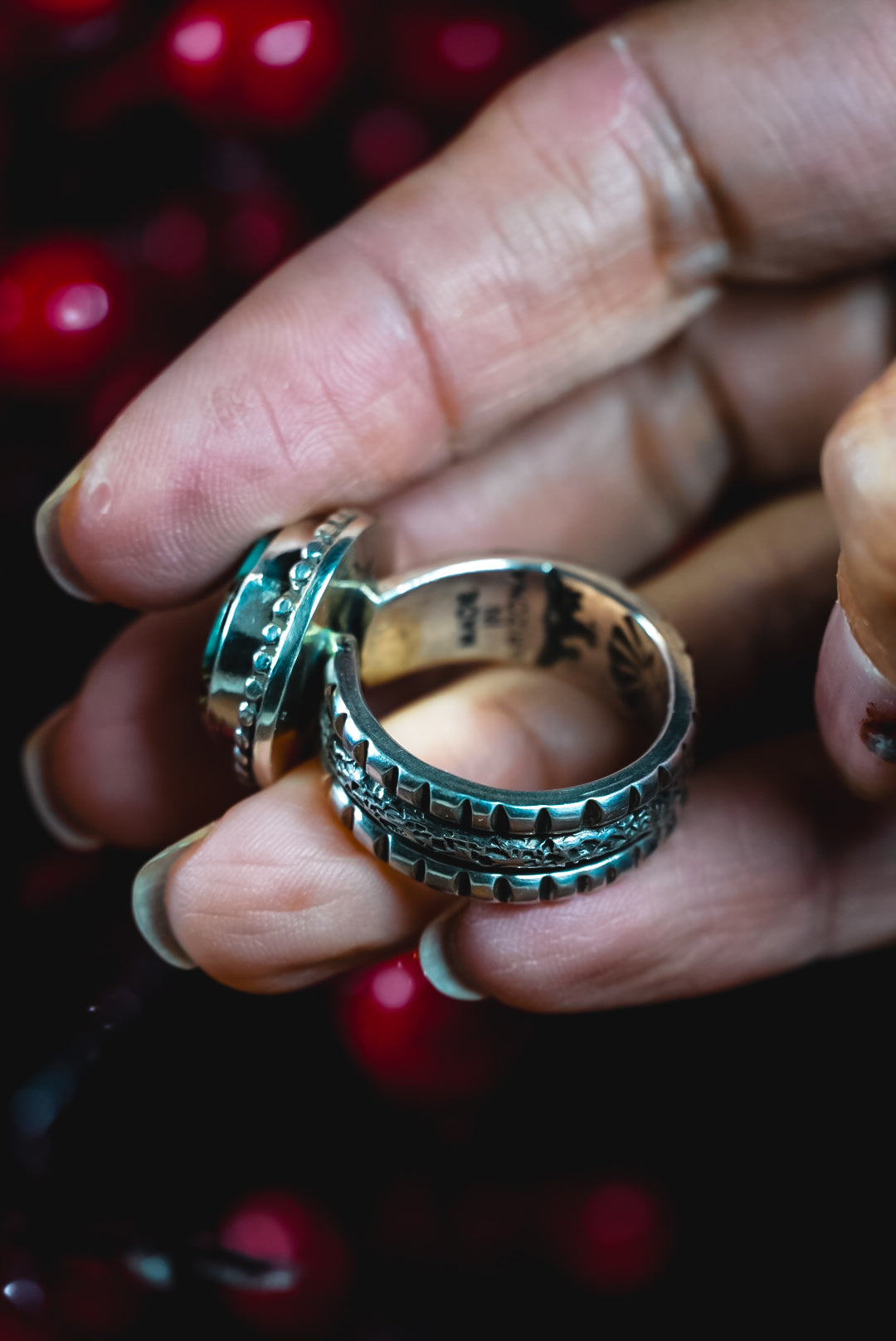 Size 8.5 | Heirloom Weight Handmade Sterling Silver Composite Turquoise Ring | Hand-Stamped Western Statement Ring