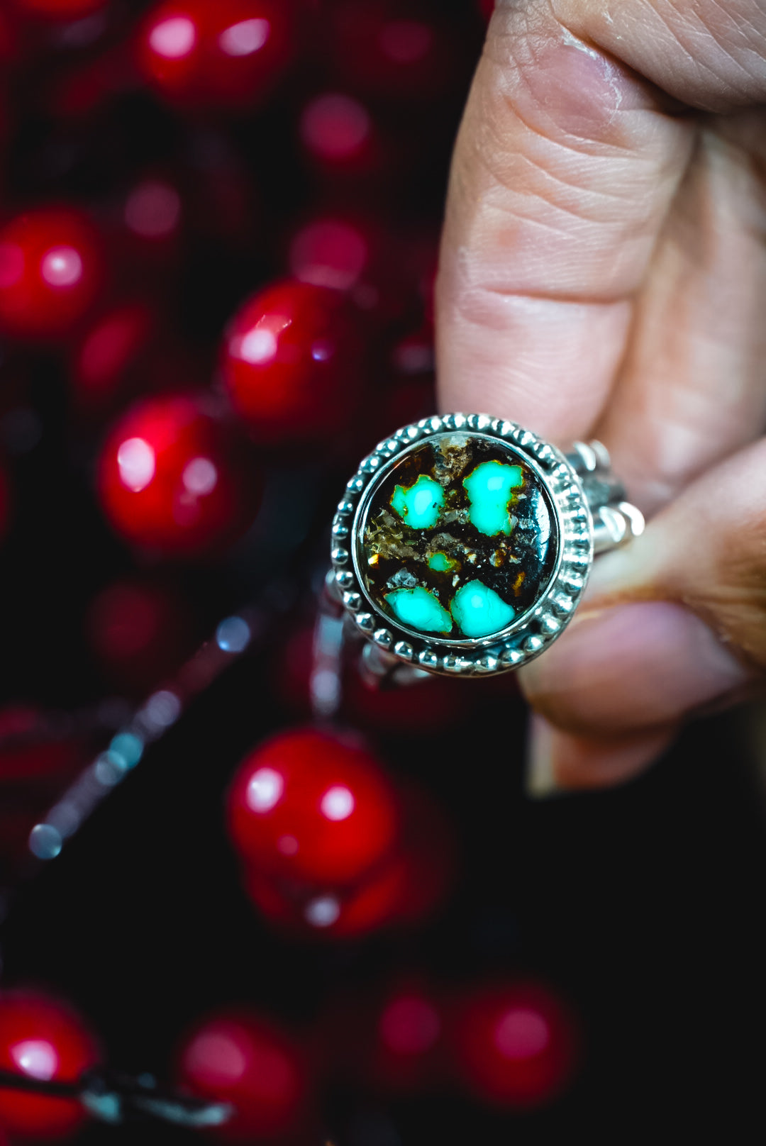 Size 8.5 | Heirloom Weight Handmade Sterling Silver Composite Turquoise Ring | Hand-Stamped Western Statement Ring