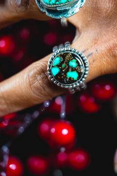 Size 8.5 | Heirloom Weight Handmade Sterling Silver Composite Turquoise Ring | Hand-Stamped Western Statement Ring