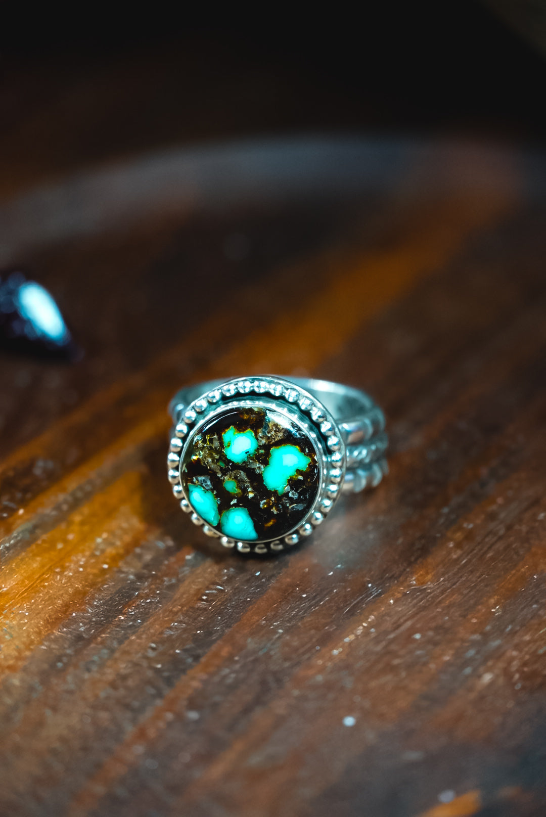 Size 8.5 | Heirloom Weight Handmade Sterling Silver Composite Turquoise Ring | Hand-Stamped Western Statement Ring