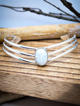 NAVAJO Native American Lab White Opal and Sterling Silver Adjustable Cuff Bracelet by Kevin Billah