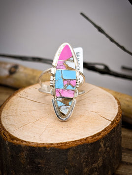 Navajo Cotton Candy Dahlia Inlay Sterling Silver Ring Signed Brandon Etcity size 8.75