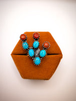 Artisan Made Kingman Turquoise and Coral Cactus Ring & Pendant Set