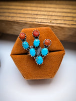 Artisan Made Kingman Turquoise and Coral Cactus Ring & Pendant Set