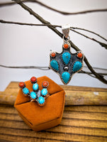 Artisan Made Kingman Turquoise and Coral Cactus Ring & Pendant Set